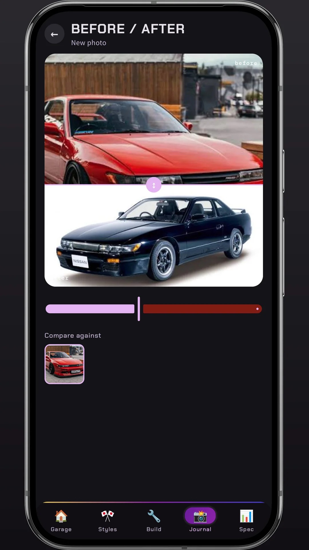 Before / After comparison slider showing a red Silvia versus the built version