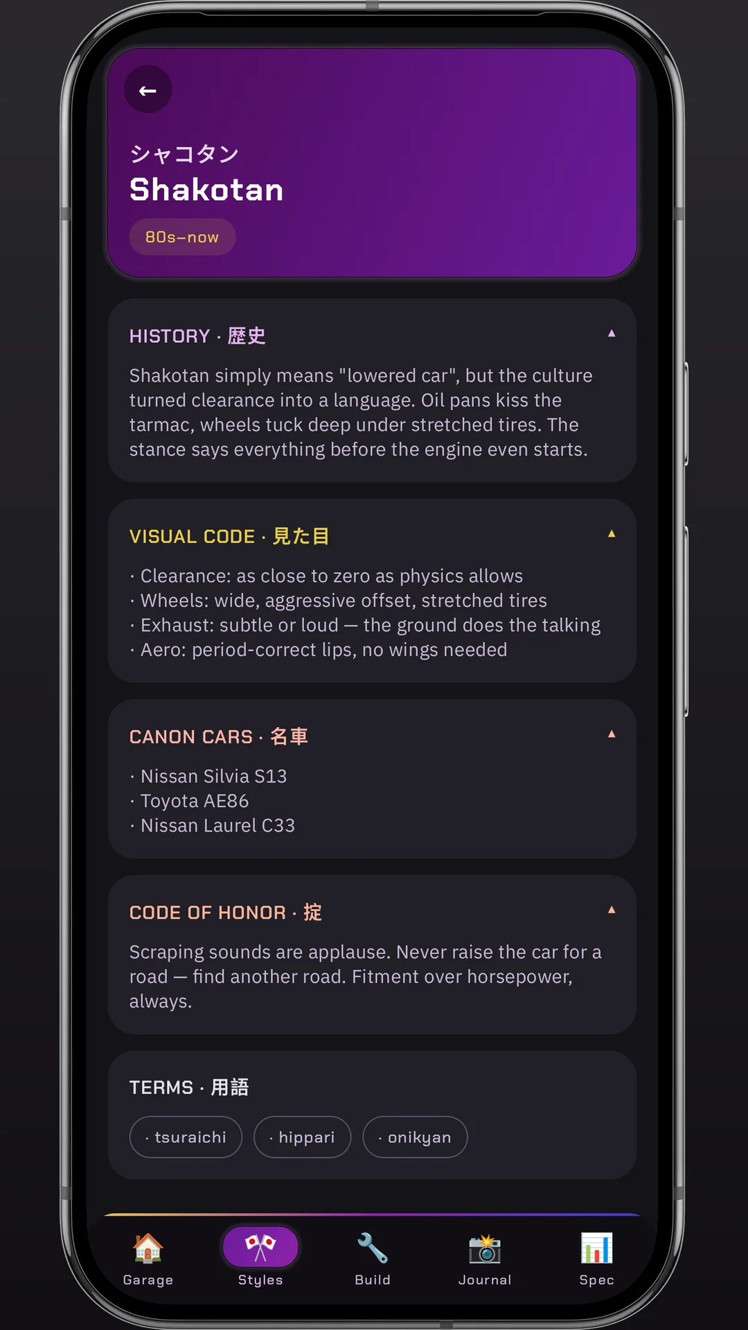 Shakotan style detail page with history, visual code, canon cars and terms